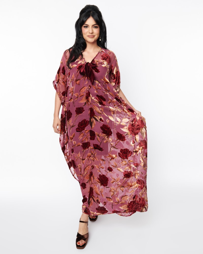 Front of a model wearing a size one-size-fits-all Unique Vintage Sheer Red Rose Velvet Burnout Bow Front Caftan in Red/Floral by Unique Vintage. | dia_product_style_image_id:314992
